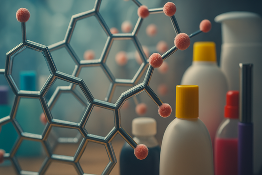 Estructura molecular junto a envases plásticos